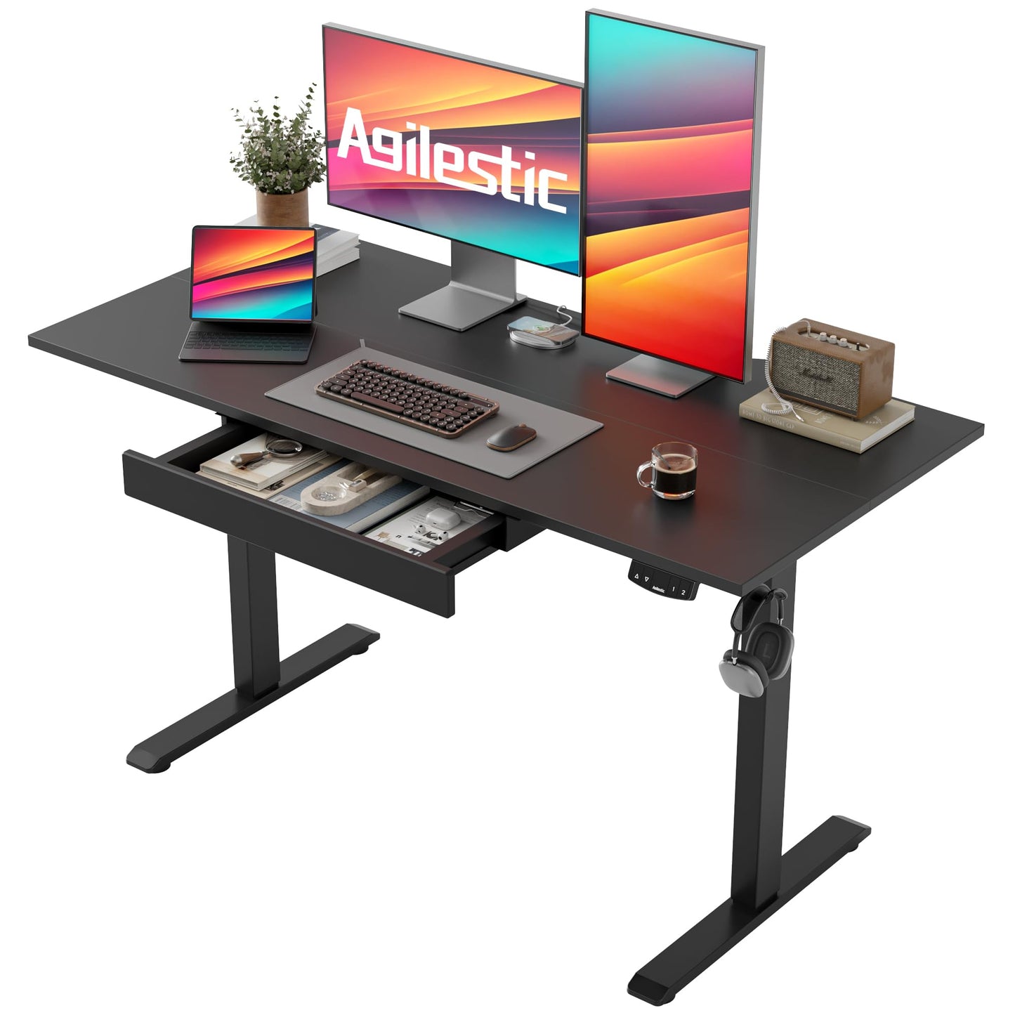 Agilestic Electric Standing Desk with Drawers, 47.8 x 24 Inches Height Adjustable Desk, Stand up Computer Table with Memory Preset, for Work Office Home, Black