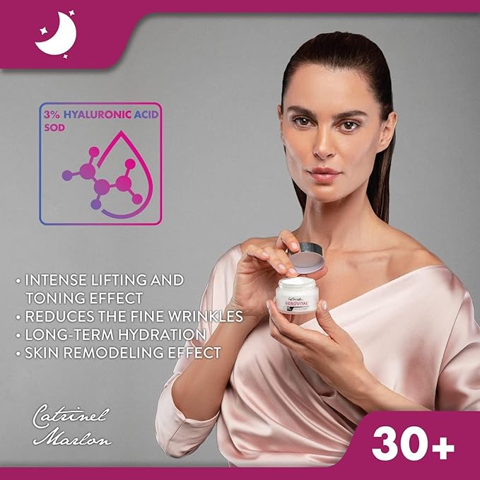GEROVITAL EVOLUTION Regenerating Lifting Cream Night Care with Superoxide Dismutase SOD (Anti-Aging Super Enzyme), Ultrafiller Hyaluronic Acid with Wrinkle Filling Effect, 50 ml