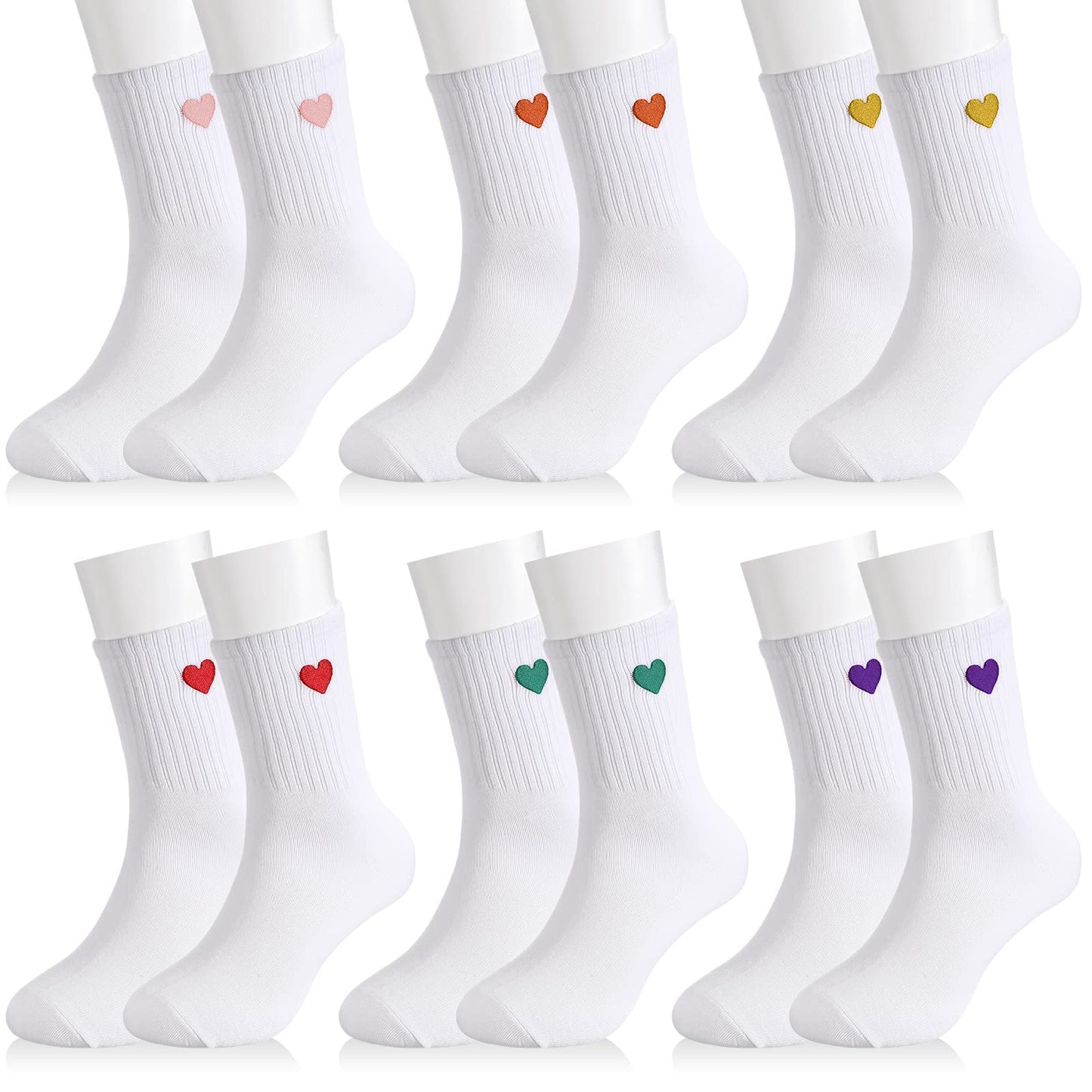 Umigy 6 Pair Women's Crew Socks Heart Shape Ankle High Cotton Fun Cute Athletic Running Socks for Women, Valentine's Gifts, for Homeless, Size 9-11, White
