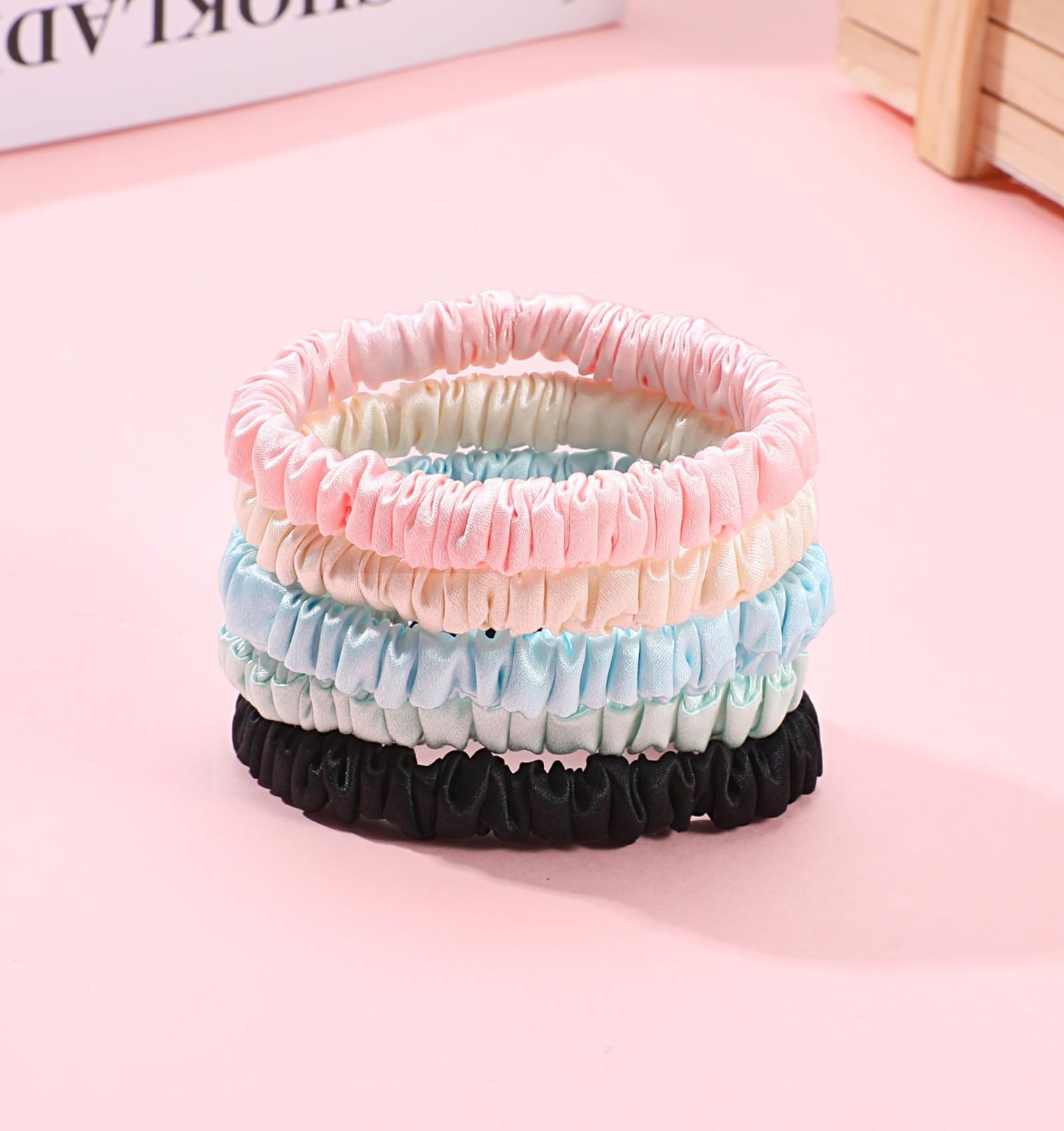 Skinny Scrunchies, 5 Pcs Thin Scrunchies, Silk Ponytail Holders for Girls, Women, Sleeping, Daily Use (Multi-colored)