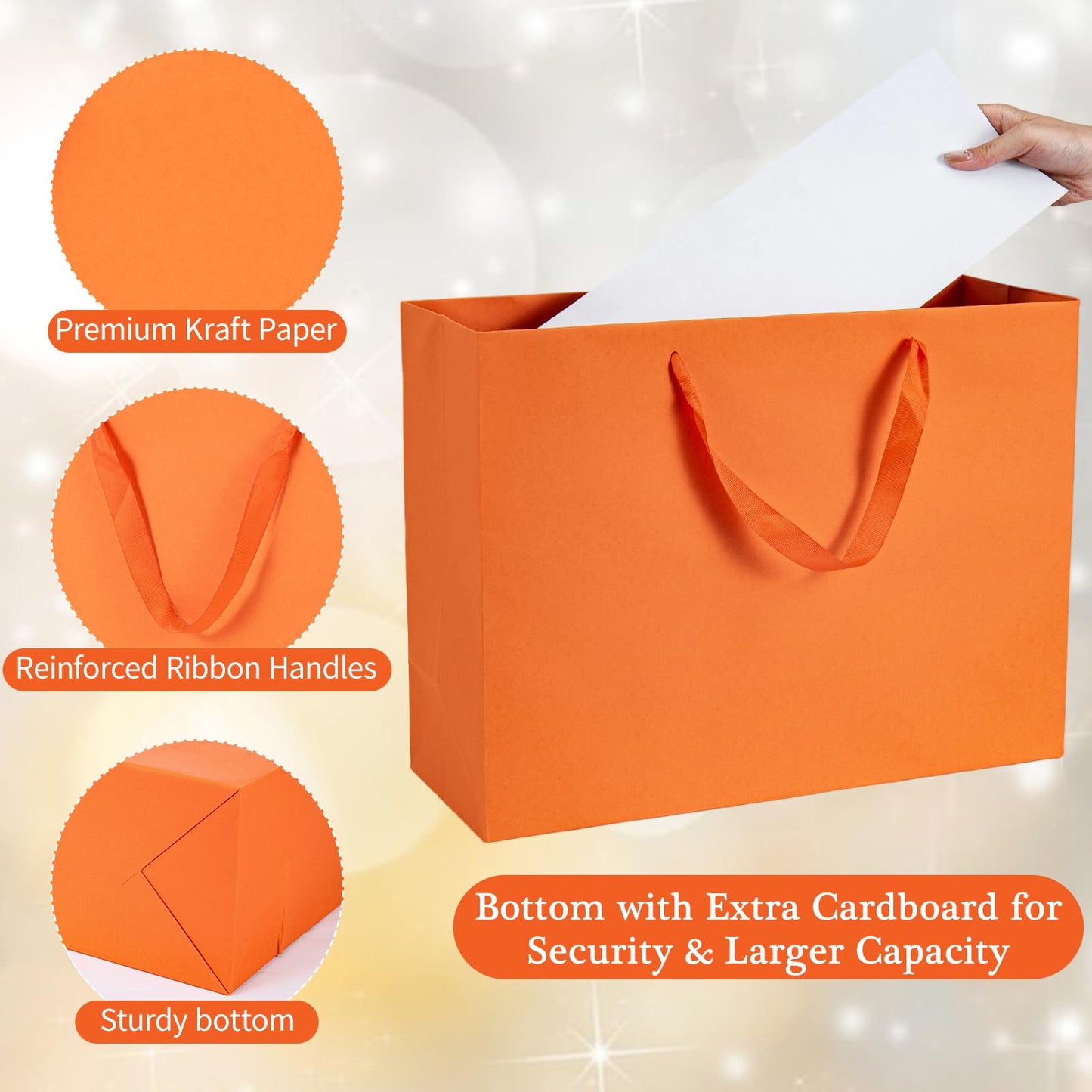 Umoofine Large Orange Gift Bag 12 Pack, 15.7x5.9x12 Inches Extra Large Kraft Gift Bags with Ribbon Handles, Reusable Heavy Duty Kraft Orange Paper Bags Bulk for Shopping, Wedding, Gift, Retail