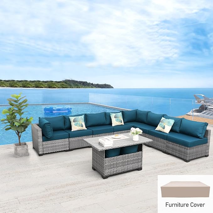 Rattaner Patio Furniture Sectional Sofa Set 9 Pieces Outdoor Wicker Furniture Couch Large-Size Storage Table with Thicken(5") Anti-Slip Peacock Blue Cushions