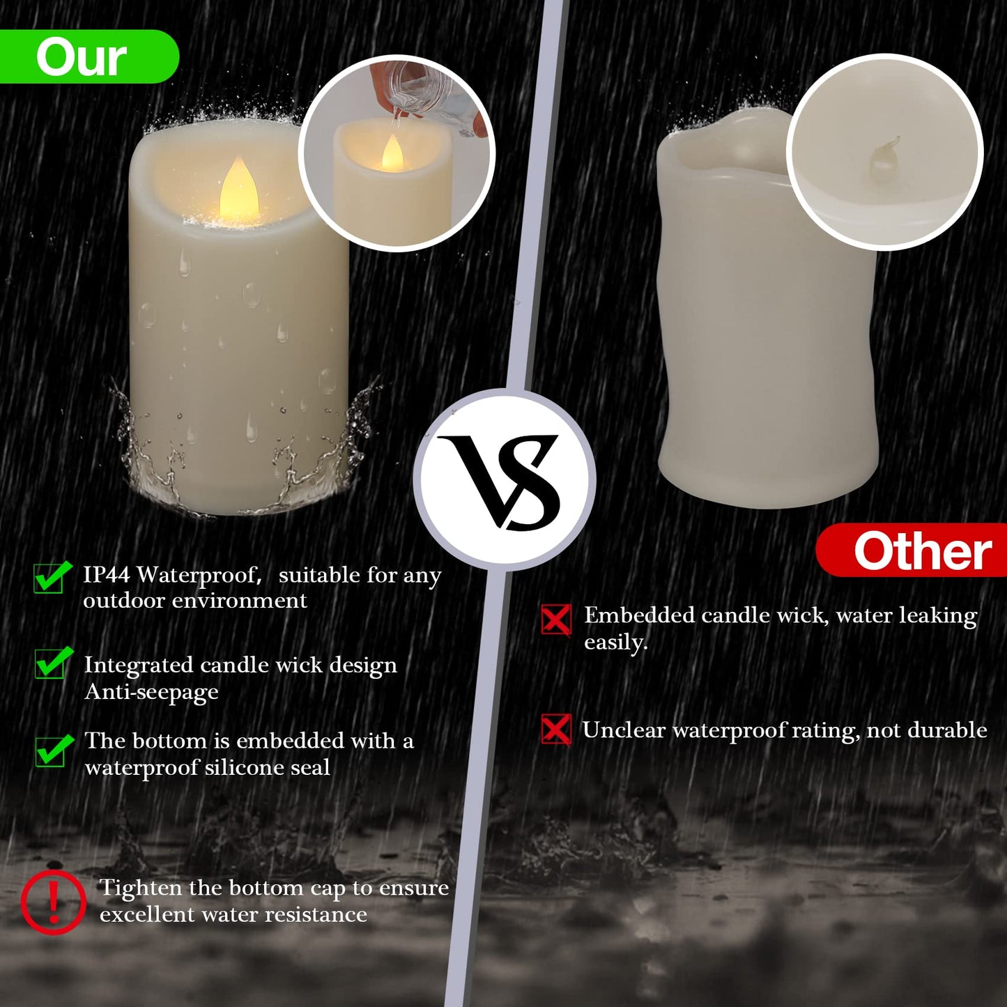 7LinRay Battery Operated Flickering Flameless Candles with Remote and Timers, 1000 Hours Waterproof Outdoor Indoor LED Pillar Flameless Candles,Ivory Plastic, D3 X H4, Set of 6