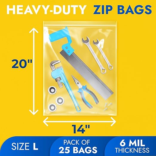 14" x 20" Large Zip Seal Lock Bags, 6 Mil (Pack of 25) – Heavy-Duty Reclosable Plastic Bags – Clear, Resealable, Waterproof – For Storing and Organizing Clothes, Jewelry, and Travel Items