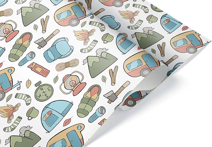 Cute Kawaii Camping Gear Wrapping Paper Premium Father's Day Gift Wrap Camp Birthday Theme Birthday Party Decoration Tent ...