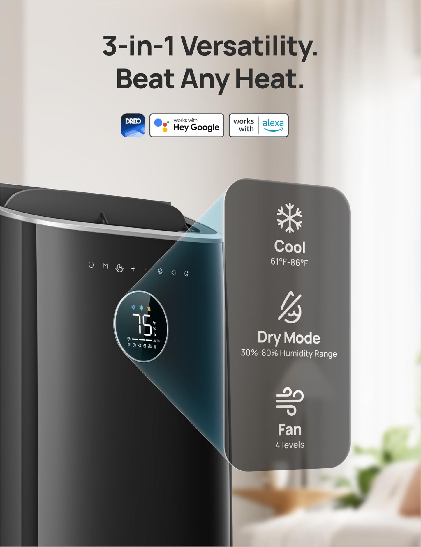 DREO Portable Air Conditioner 516S, 14000 BTU ASHRAE (10000 BTU DOE) Smart AC Unit for Bedroom with Drainage-free Cooling, Fan&Dehumidifier 3 in 1, APP/Voice/Remote, Quiet Standing AC for Room Indoors