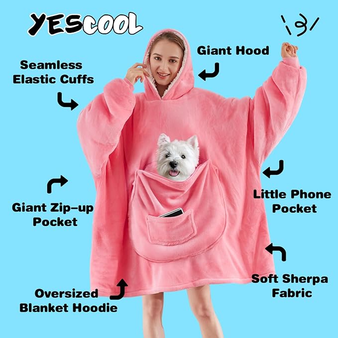 yescool Wearable Blanket Hoodie, Flannel Sherpa Fleece Blanket Sweatshirt for Adults Women Men,One Size Fits All