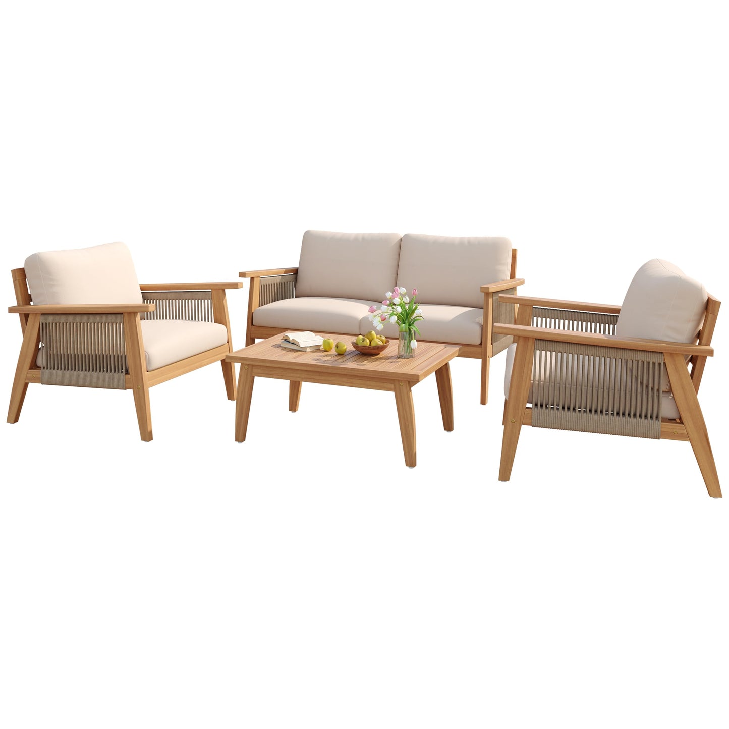 Merax Outdoor 4-Piece Acacia Wood & Rope Sectional Patio Set, Loveseat, Chair & Table with Water-Repellent Cushions