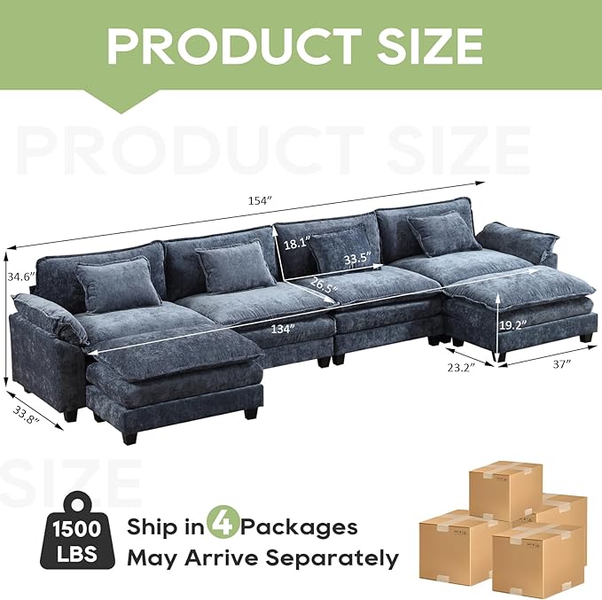 Oprisen 154" Modular Sectional Sofa, Comfy Cloud Couch Sectional Sofa with Ottoman, Chenille Sofa Sleeper Deep Seat Sofa with Throw Pillows for Living Room (Blue, 154"- U Shape)