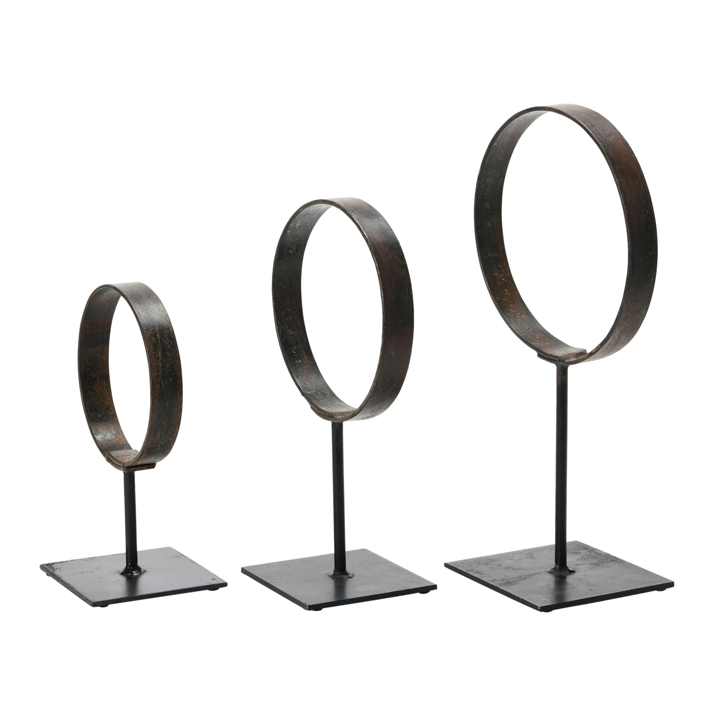 Creative Co-Op Decorative Modern Found Metal Rings on Stands, Black, Set of 3