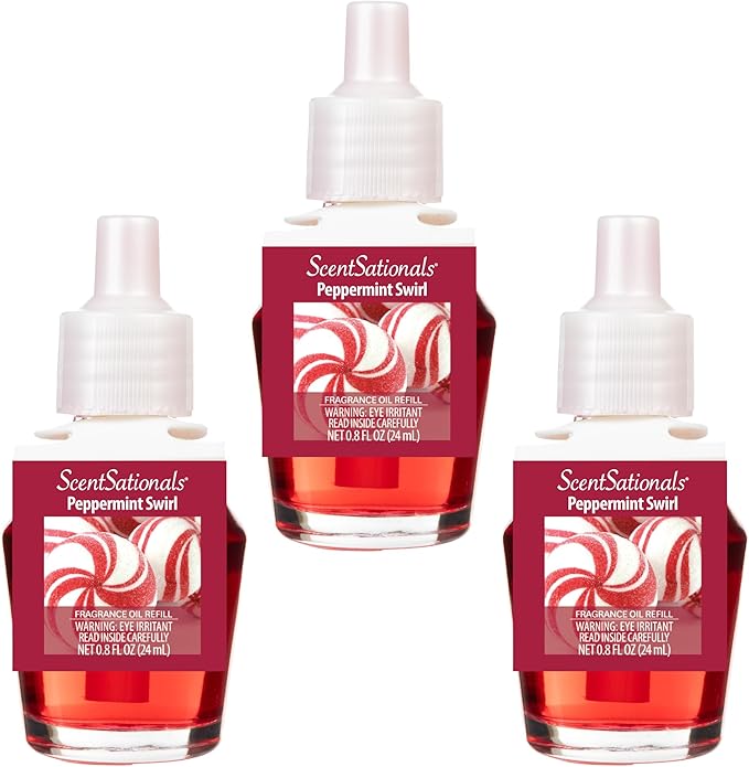 Scentsationals Fragrance Oil Plug In Air Freshener Refills 3-Pack - Peppermint Swirl - Works with Scentsationals Wall Plugs, Long-Lasting Home Fragrance, 0.8 fl oz Each, Packaging May Vary
