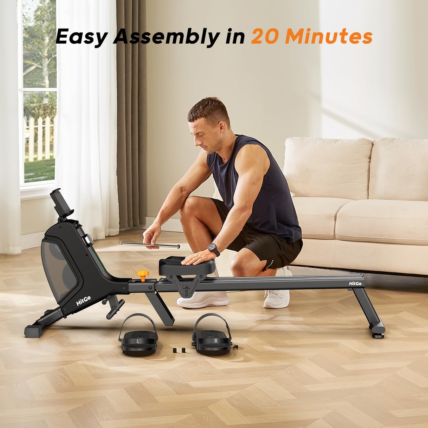 HitGo Magnetic Rowing Machine for Home Use, Foldable Rower with 32 Levels of Silent Resistance, LED Light Effects, Compact Dual Slide Rail, Max 350lb Capacity, Bluetooth & App Compatible