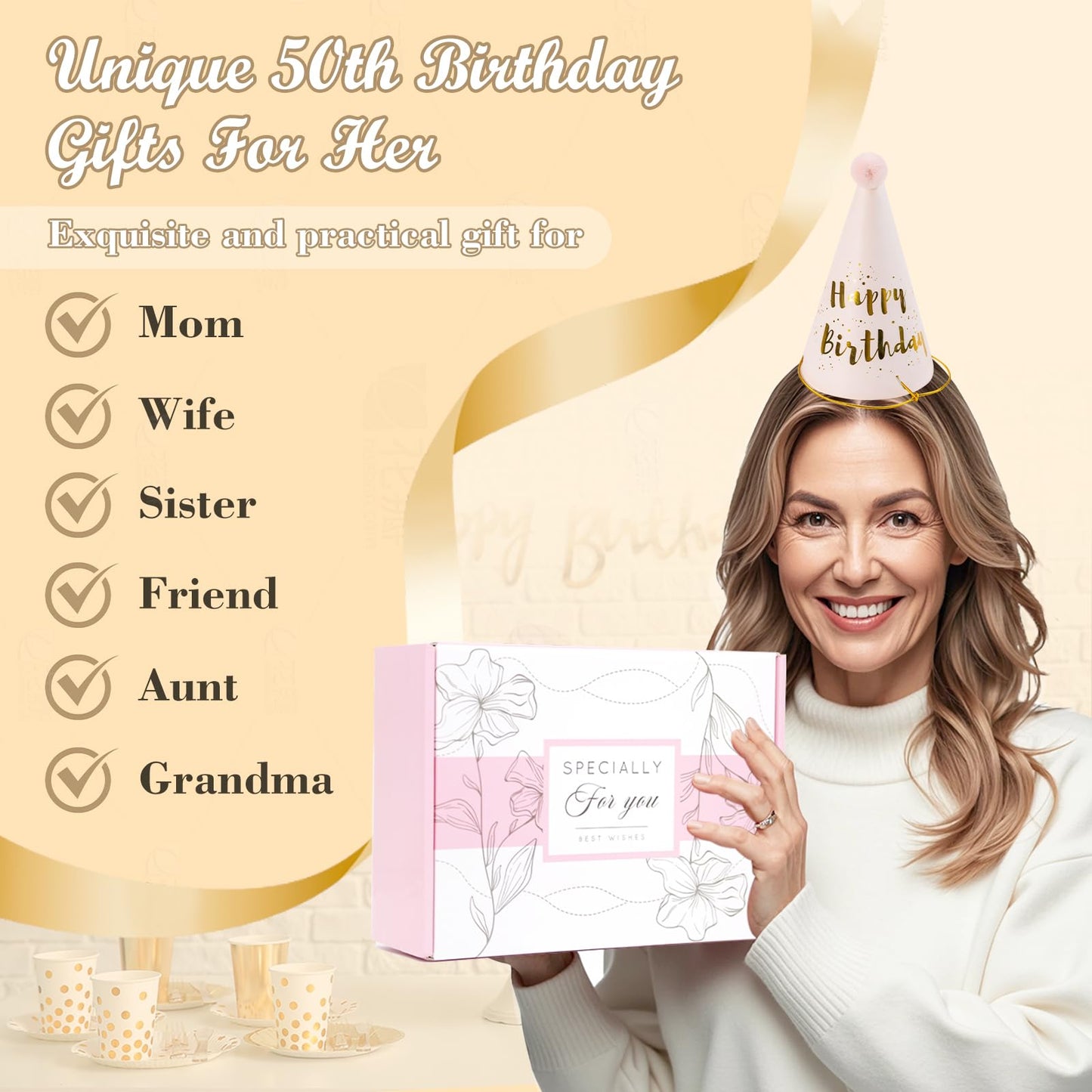 Unipinkart 50th 1975 Birthday Gifts for Women, 50 Year Old Birthday Fabulous Gifts for Women, Cool 50th Gift Canvas Tote Bag Set for Woman, Turning 50th Cup Gift Basket for Her Mom Sister Wife