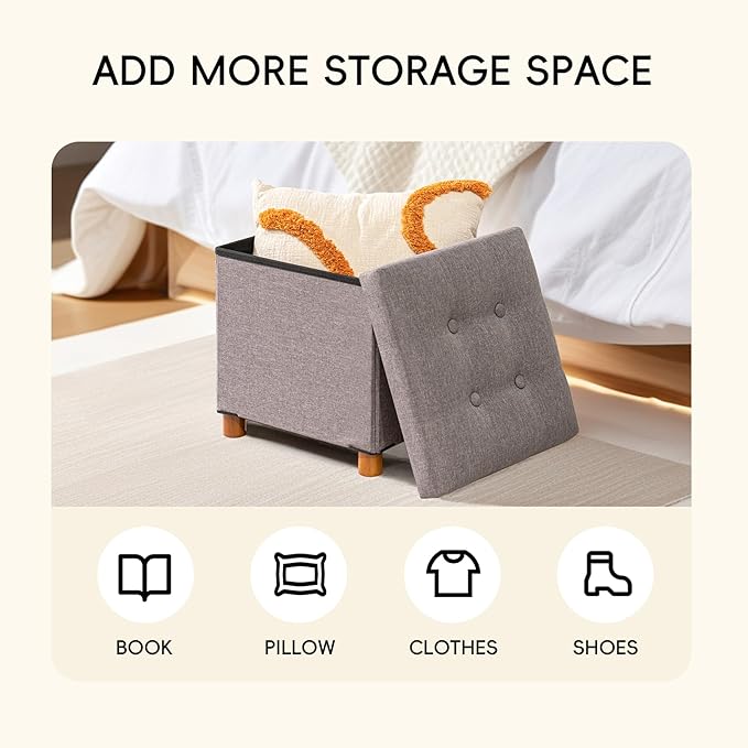 PINPLUS Storage Ottoman Cube, White Linen Footrest with Wooden Legs, Foldable Fabric Footrest, Comfortable Seat with Lid, Ottoman with Storage for Living Room, 15" x 15" x 15"，Grey