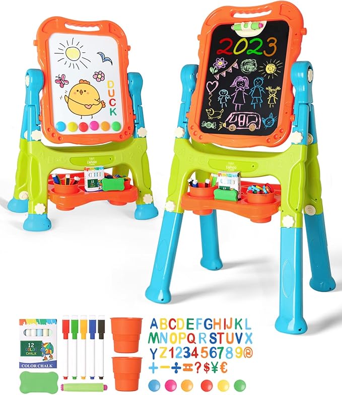 Lehoo Castle Easel for Kids, 4 in 1 Double Sided Kids Art Easel with Magnetic White Board & Chalk Board, Adjustable Standi...