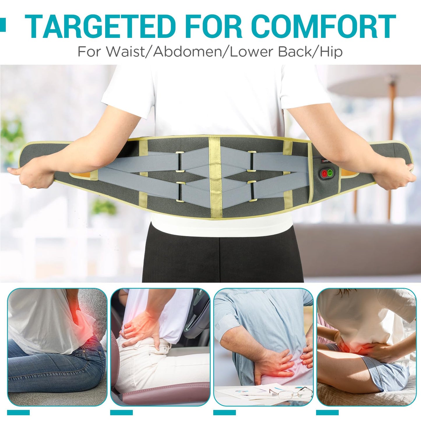 Comfytemp Cordless Heating Pad with Massager for Back, Portable Lower Back Massager FSA Eligible HSA Rechargeable Wireless Electric, Birthday Gifts for Women Men Mom Dad Seniors 30Auto-Off Grey Yellow