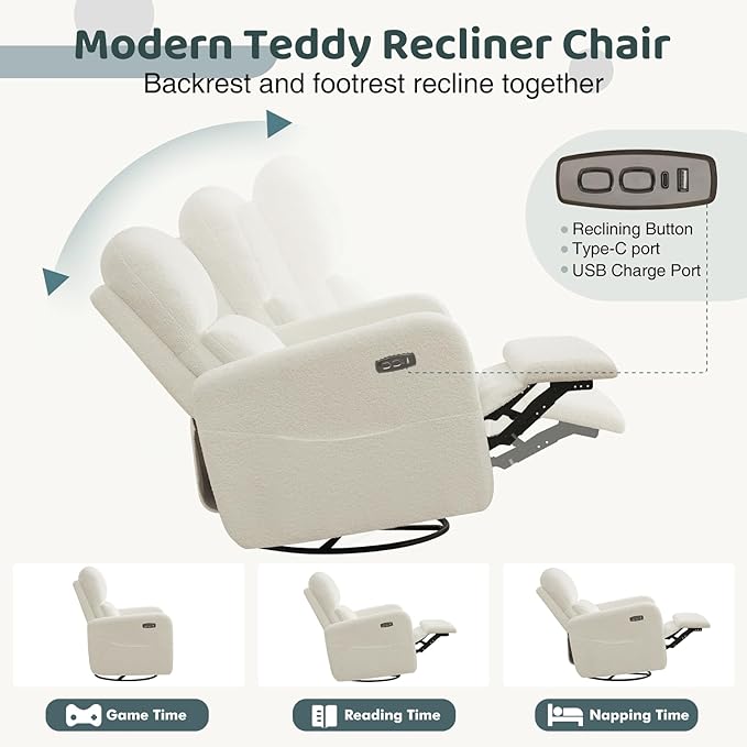 AEMEIOS Power Swivel Rocker Recliner, Oversized Boucle Nursery Glider Recliner, Swivel Rocking Reclining Chair with Removable Cushion and Lumbar Support for Nursery Living Room Bedroom, Teddy White
