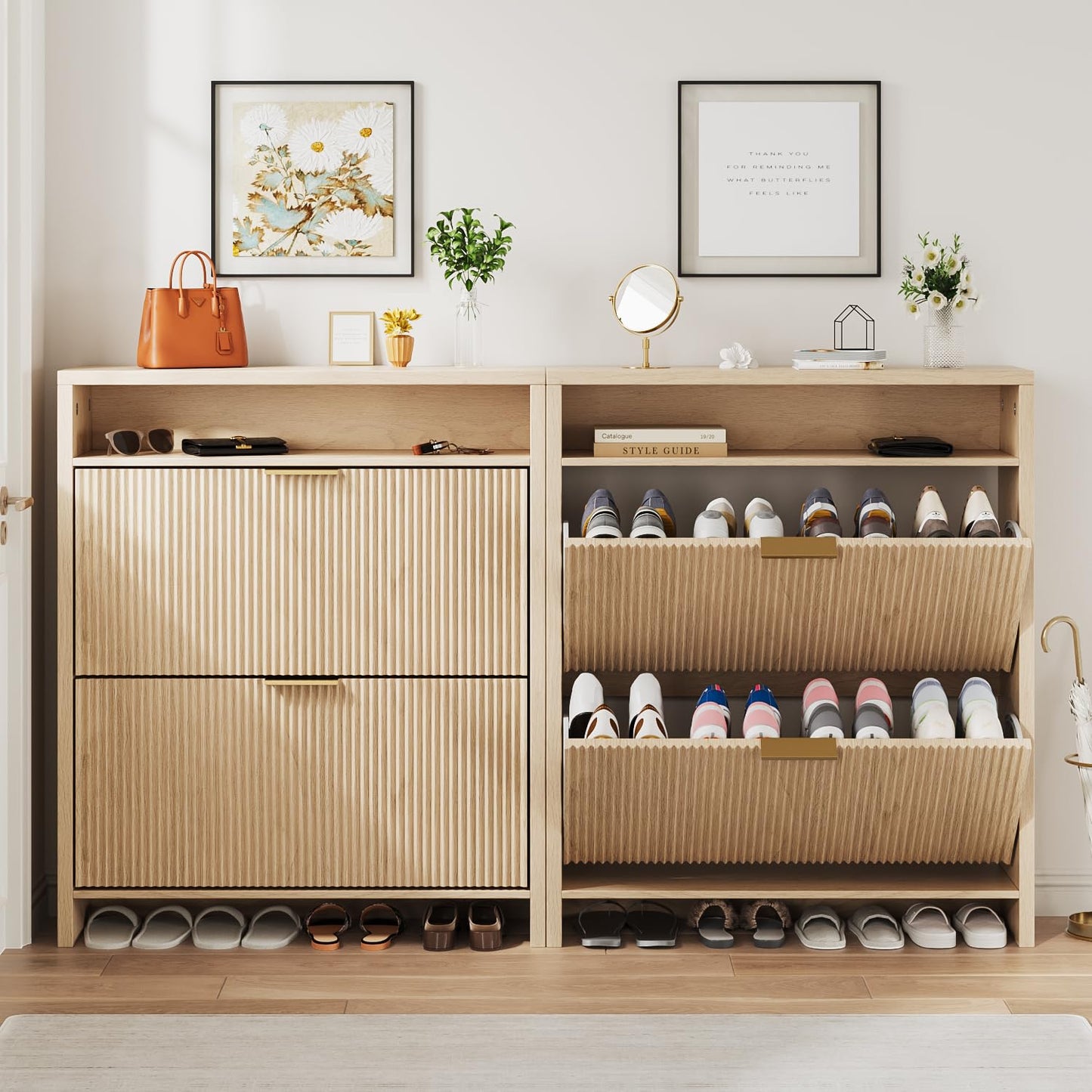 Angel Sar 31.5" Fluted Shoe Cabinet Storage for Entryway, Narrow Shoe Organizer with 2 Flip Drawers Open Compartment & Gold Handles, Freestanding Entryway Cabinet for Hallway, Living Room