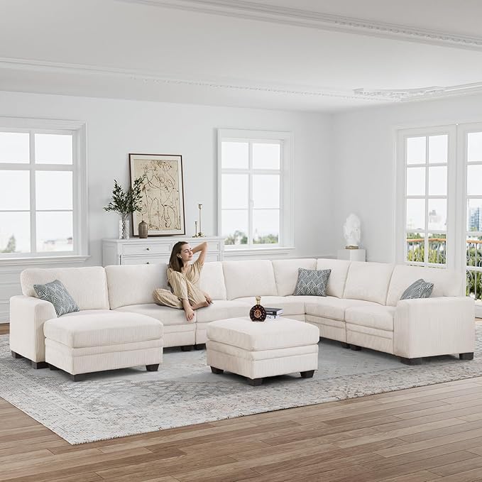 Legend Vansen Sectional Couches for Living Room,L-Shaped Corduroy Sofa with Ottoman for Living Room,Bedroom and Apartment (Cream, U-9)