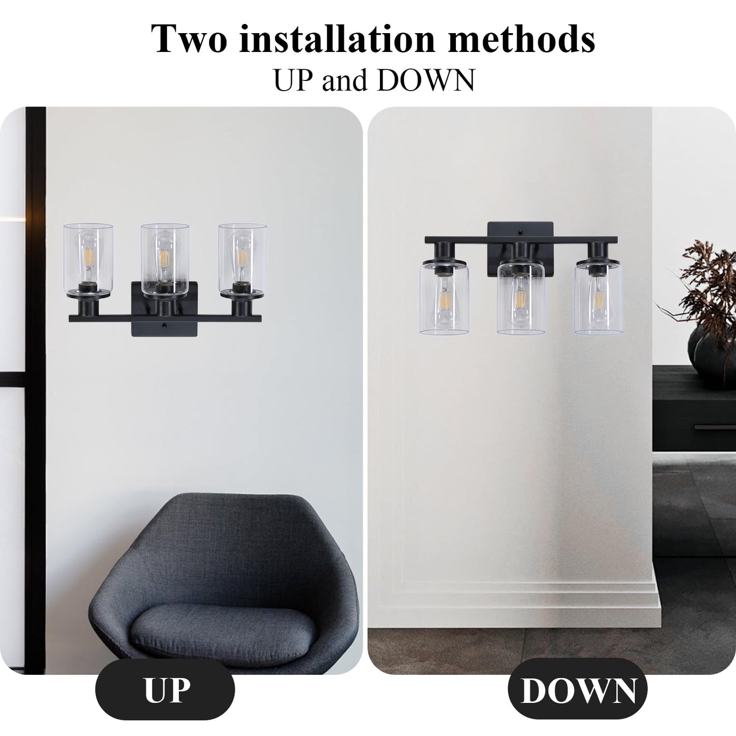 Litaddscen Matte Black Bathroom Light Fixtures Over Mirror,3-Light Bathroom Vanity Light with Clear Glass Shade,Modern Farmhouse Wall Sconces Lighting for Mirror Kitchen Living Room Cabinet