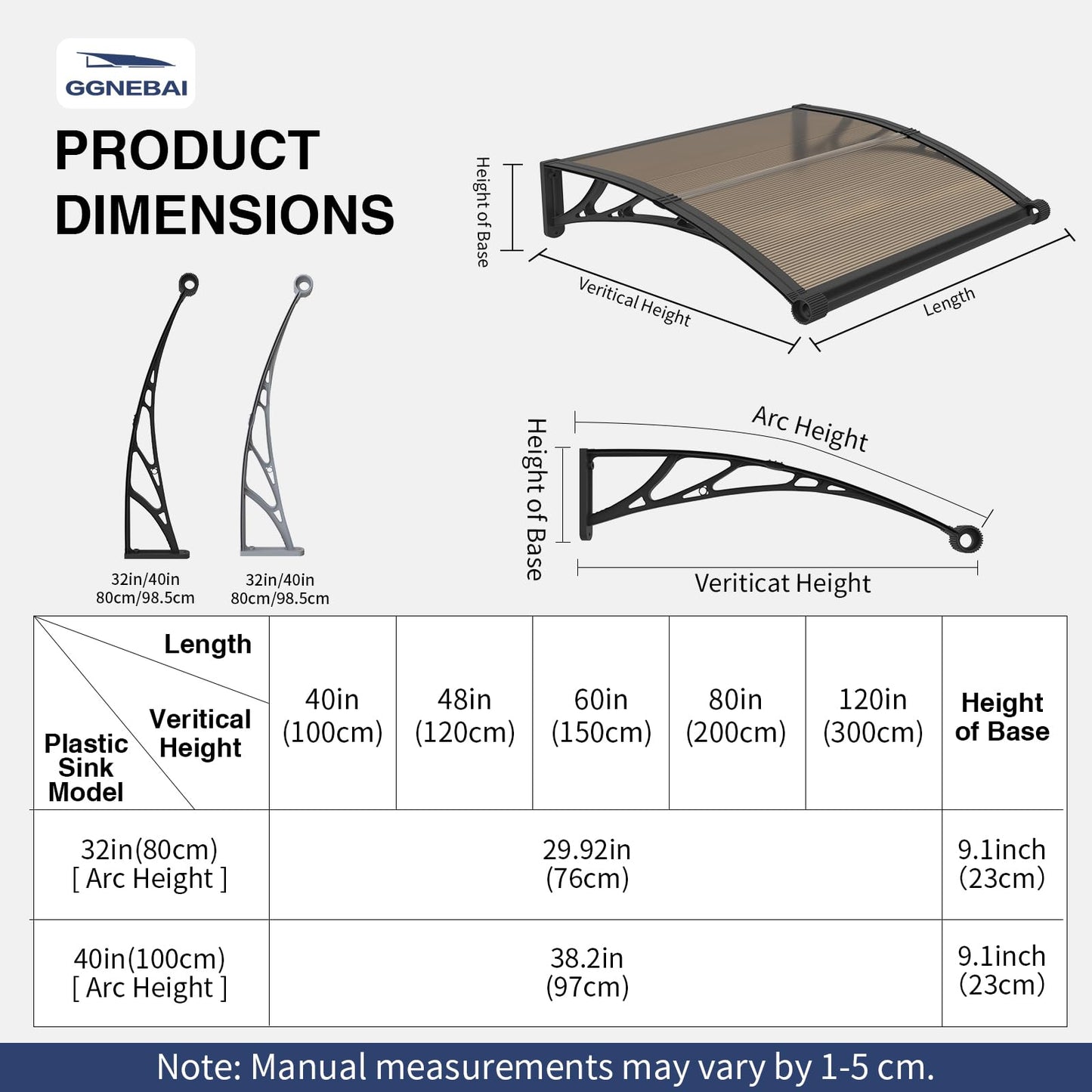 Awning for Door Entrance with Drainage Sink,32x40 Inch Awnings for Doors,Window Canopy Exterior with Plastic Steel Bracket,Polycarbonate Cover,UV,Rain,Snow Protection for House,Porch,Patio,Deck