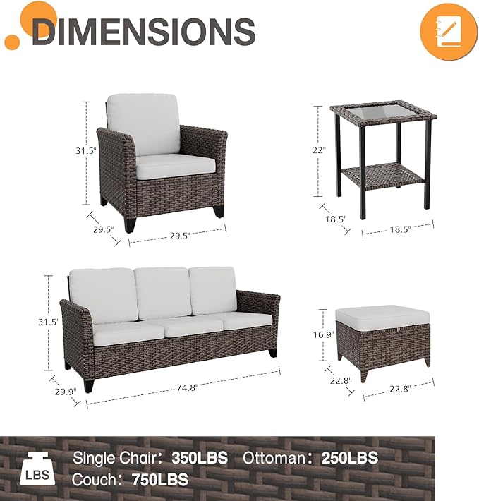 COOS BAY Harbor Retreat 6 Piece Outdoor Furniture Set, Patio Conversation Set with Patio Chairs, 3 Seat Couch, Side Table and Ottomans, Wicker Furniture, Brown/Beige