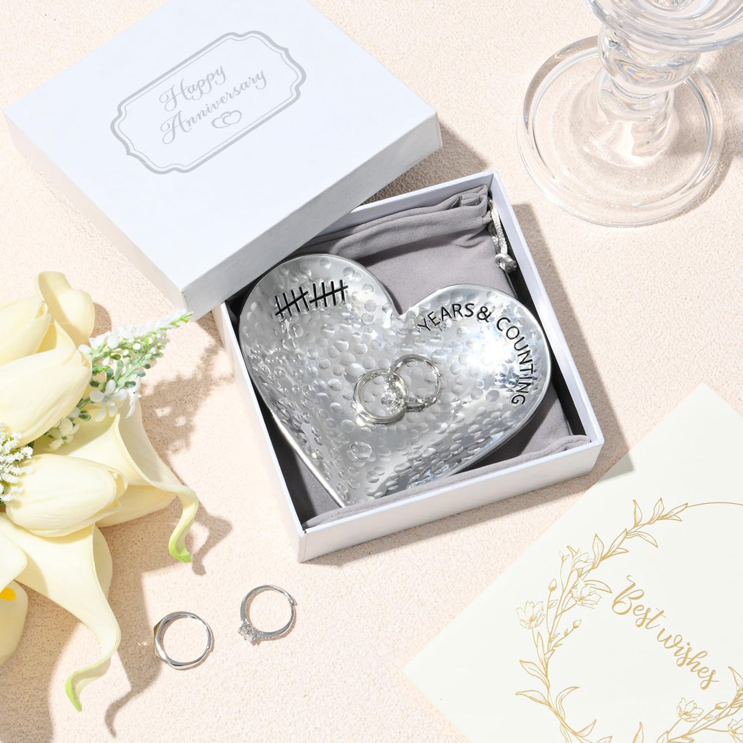 CEELGON 10 Year Wedding Anniversary Tin Gifts 10th Gifts Heart Jewelry Tray Engraved Aluminum Decorative Dish for Couple Him or Her