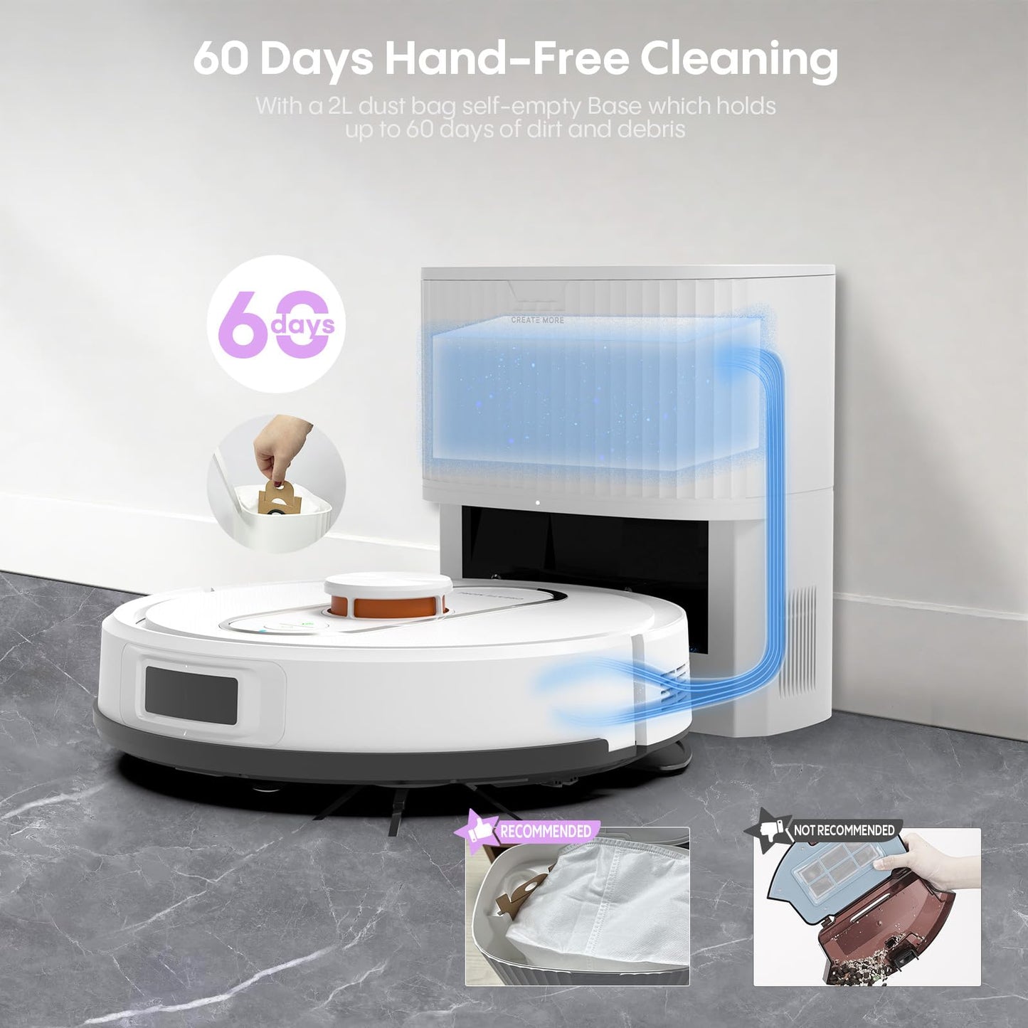 Bagotte Robot Vacuum And Mop, Robotic Vacuum With Mapping,Self Emptying Station For 60 Days, 5000Pa Suction, Lidar Navigation, N