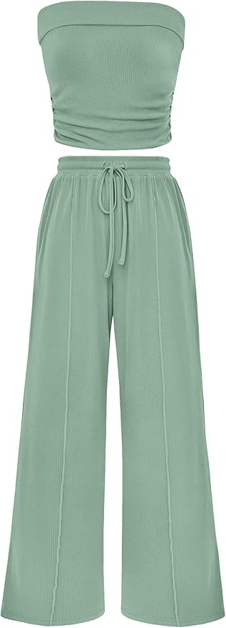 PRETTYGARDEN Womens Summer Outfits 2 Piece Sets Casual Ribbed Knit Crop Tube Top Wide Leg Pants Spring Matching Lounge Set