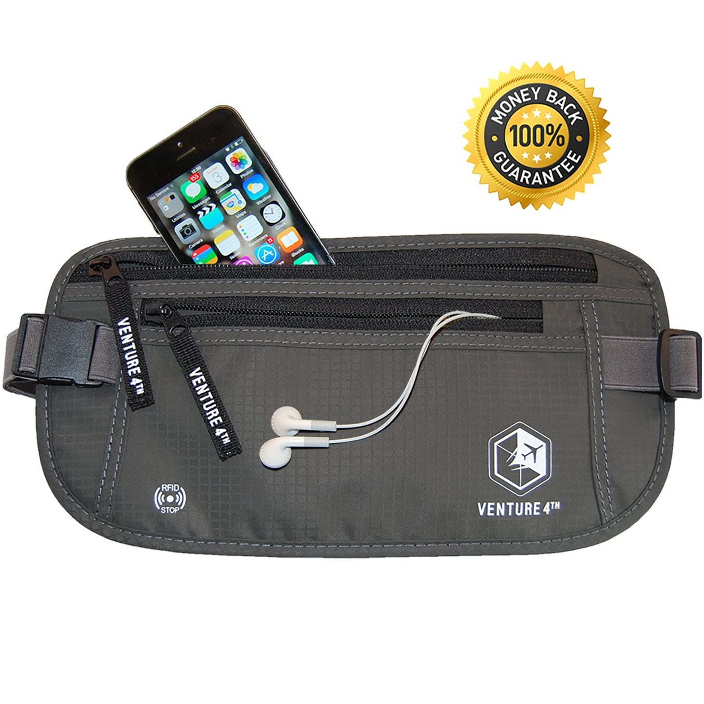 VENTURE 4TH Slim Minimalist Design RFID Money Belt with RFID Blocking Sleeves, for Men and Women – Ideal for Keeping Your Cash, Credit Card, Passport, Phone Secure When Traveling - Gray