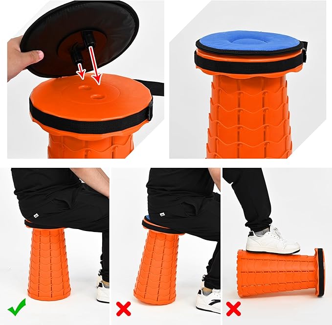 FXKS 2 Pack Upgraded Collapsible Stool Folding Stool with Cushion,Retractable Folding Stool Max Load Capacity 400lbs, Portable Telescoping Stools for Camping Hiking Outdoor BBQ -Orange