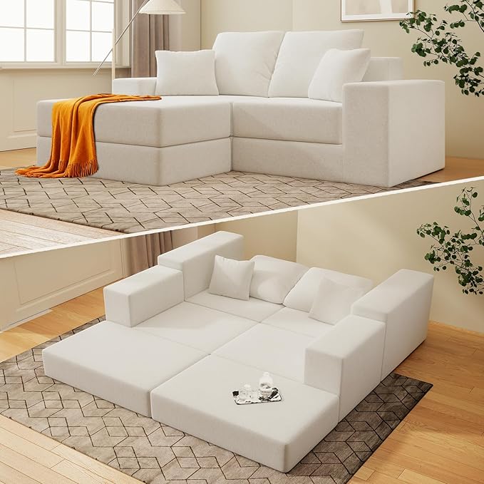 Cloud Modular Sectional Sofa, Comfy Boneless Couch for Living Room, Modern L-Shaped Couch with Reversible Chaise, Customizable Sleeper Sofa with Non Slip, No Assembly & Deep Seat, Beige