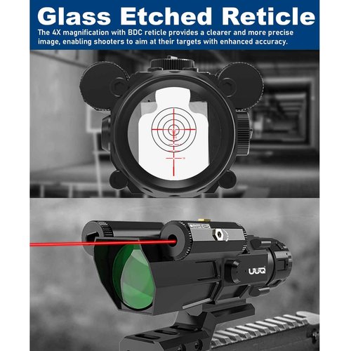 UUQ 4X32 Prism Optics Rifle Scope with Red Laser,Red Illuminated Reticle,Upgraded Buttons,and Glass Etched Reticle 4X Magnification-Fits 20mm Free Mounts (Red Laser Above)