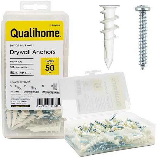 Qualihome Heavy Duty Plastic Self Drilling Drywall Anchors and Screws Kit | Includes 50 Drywall Anchors, 50#8 1-1/4 Inch Screws & Reusable Storage Case