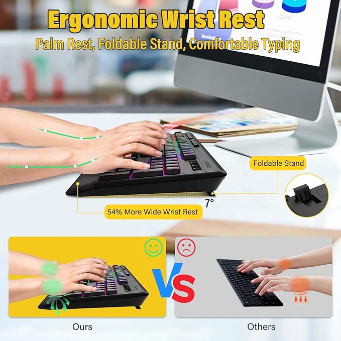 Premium Wireless Bluethooth Versatile Keyboard,8 RGB Backlit light up,Silent Touch Less Noise 95%,Ergonomic Wrist Rest,Wired Rechargeable,Tri-mode BT5.0/2.4GHz/USB C,Ideal For Gaming/PC Computer/Mac