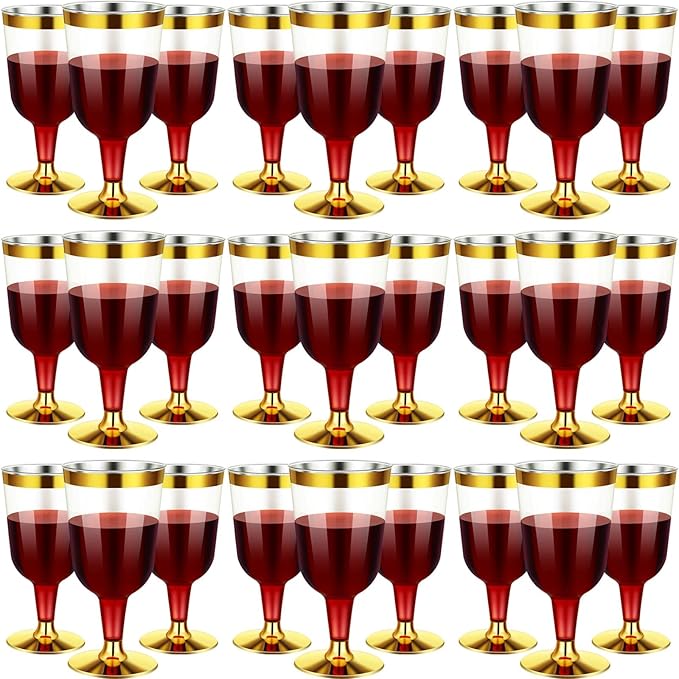 CHENGU 100 Pcs Plastic Wine Glasses 7 oz Gold Rimmed Mini Stemware with Removable Base for Wedding Parties Birthday Annive...