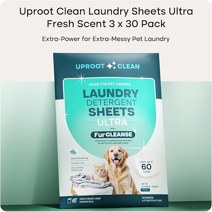 Uproot Clean Laundry Sheets Ultra - 90 Pack - Fresh Scent: Extra-Large Enzyme-Powered Laundry Detergent Sheets Made in USA - Eliminate Clinging Fur, Pet Odors, & Messy Residue - Up to 180 Loads