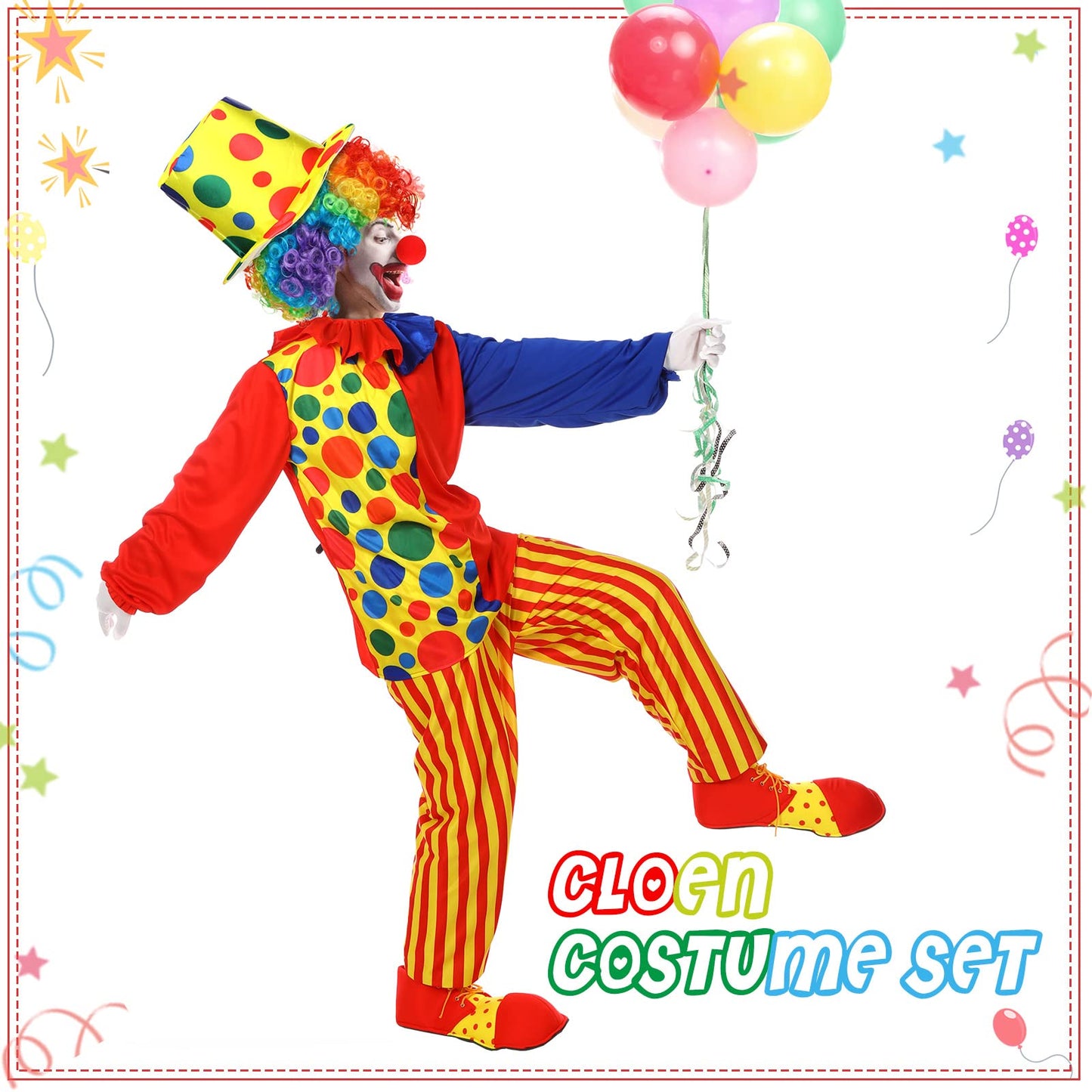 Funtery 7 Pcs Clown Costumes Set Includes Shoes, Nose, Hat, Wig, Gloves for Adults Halloween Clown Costumes(Large)