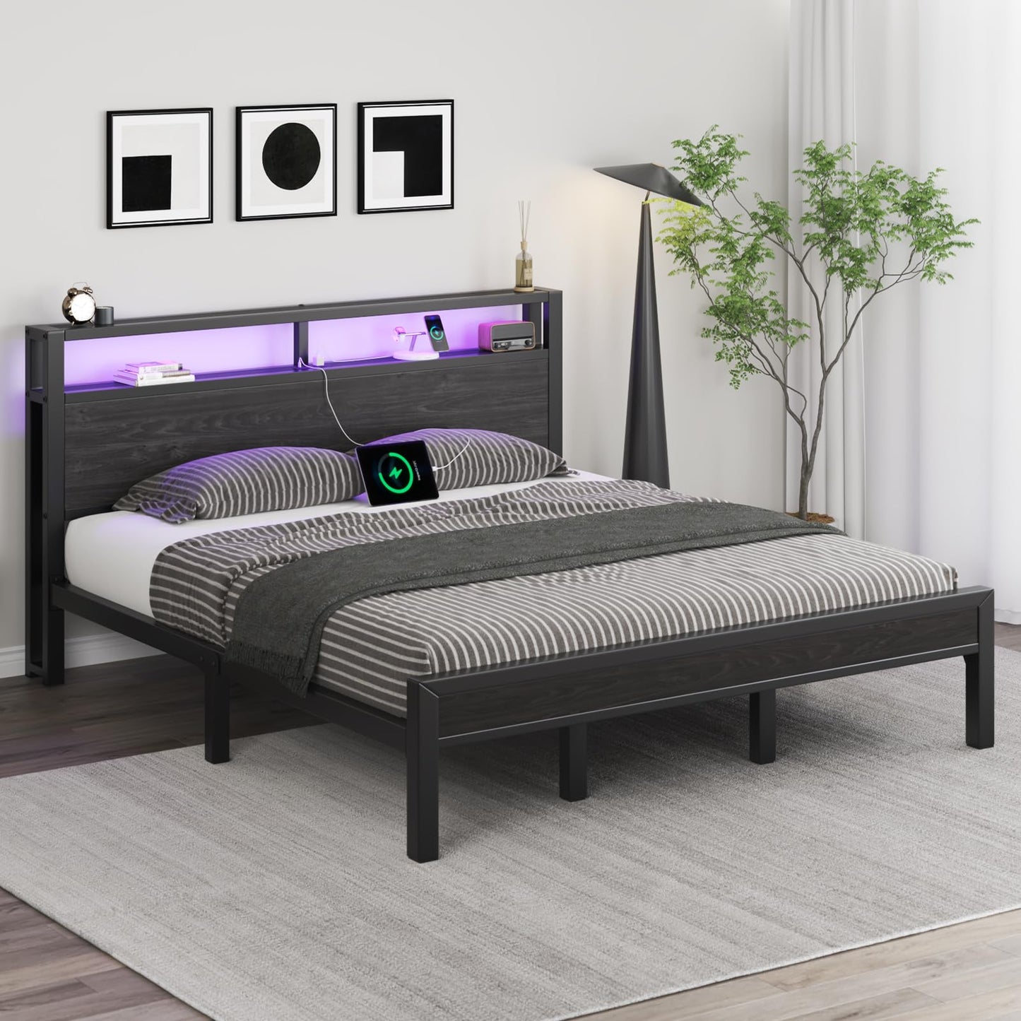 King Size Bed Frame with Storage Headboard, Industrial Platform Bed with Charging Station and LED Lights, Heavy Duty Metal Slats, No Box Spring Need, Noise Free, Black