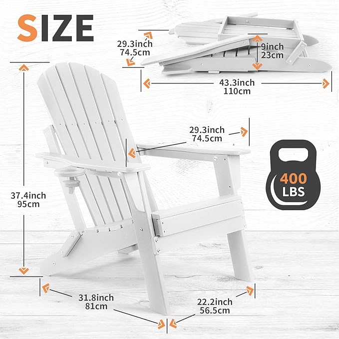 FUNBERRY Folding Adirondack Chair Set of 4, All Weather HDPE Fire Pit Chairs with Cup Holder for Outdoor
