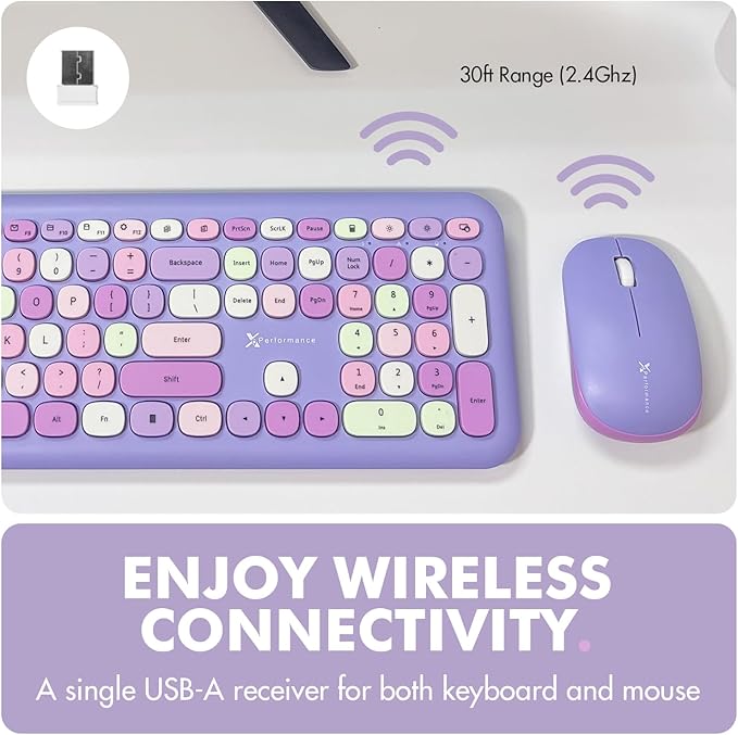 X9 Purple Wireless Keyboard and Mouse Combo - 2.4G Full Size Colorful Keyboard and Mouse Wireless - Cute and Aesthetic Retro Typewriter Combo for PC Computer Desktop and Laptop.