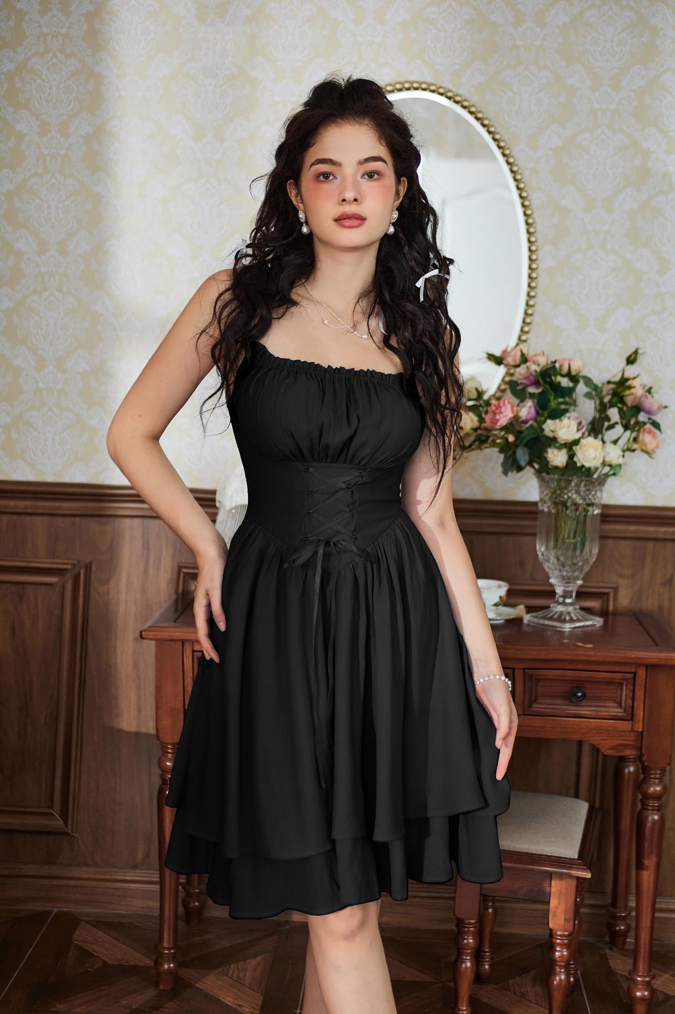 Summer Fairy Dress Sleeveless A Line Mini Dresses Teens Coquette Dress Black L