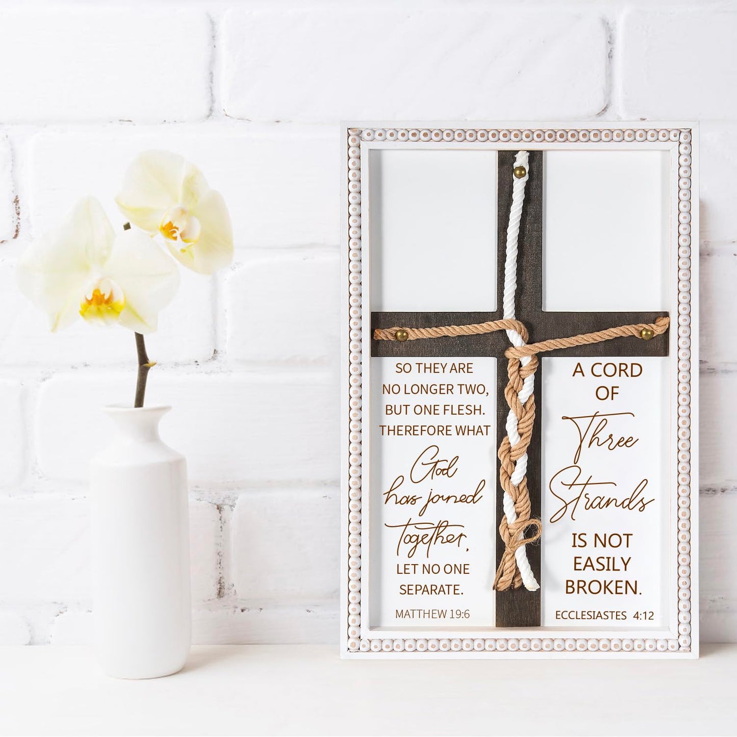 A Cord of Three Strands Wedding Sign 15x10 Inches - Unity Rope Cross Braid for Ceremony with Bible Verses, Rustic Wedding Unity Ideas, Anniversary Religious Marriage Gifts for Couple, Christian