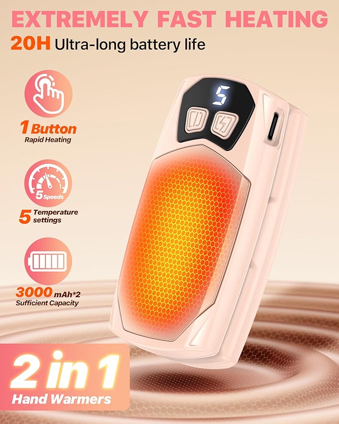 Kesguar Hand Warmers Rechargeable 2 Pack - 6000mAh Electric AI Handwarmers, LED Display & 5-Level Heating, 20Hrs Long Lasting, 2-in-1 Portable Heater, Gifts for Men/Women/Golf/Hunting