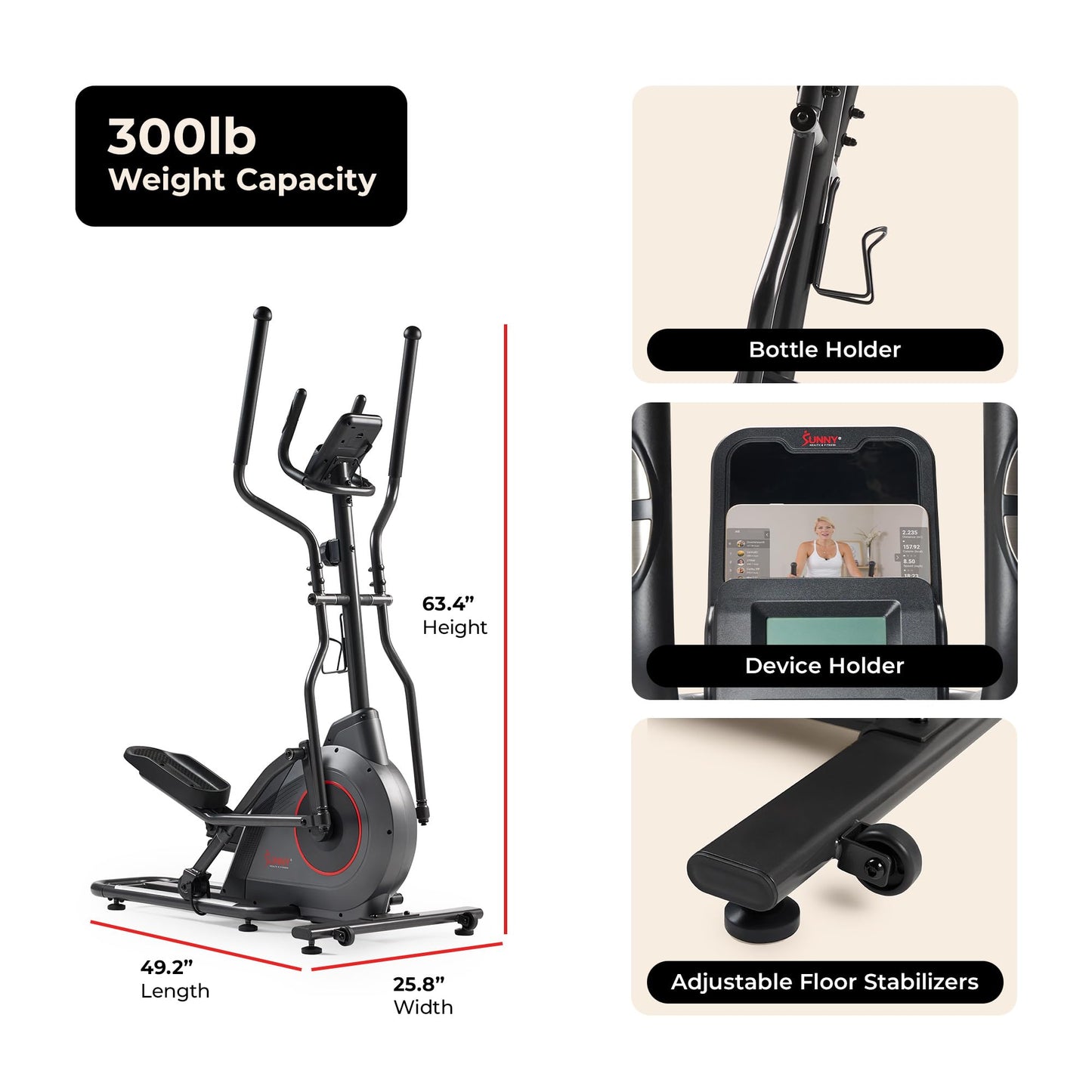 Sunny Health & Fitness Upright Magnetic Elliptical Exercise Machine w/Pulse Sensor for Full Body Cross Training Cardio Machine for Home, Optional Long Stride via Bluetooth and App Access Black