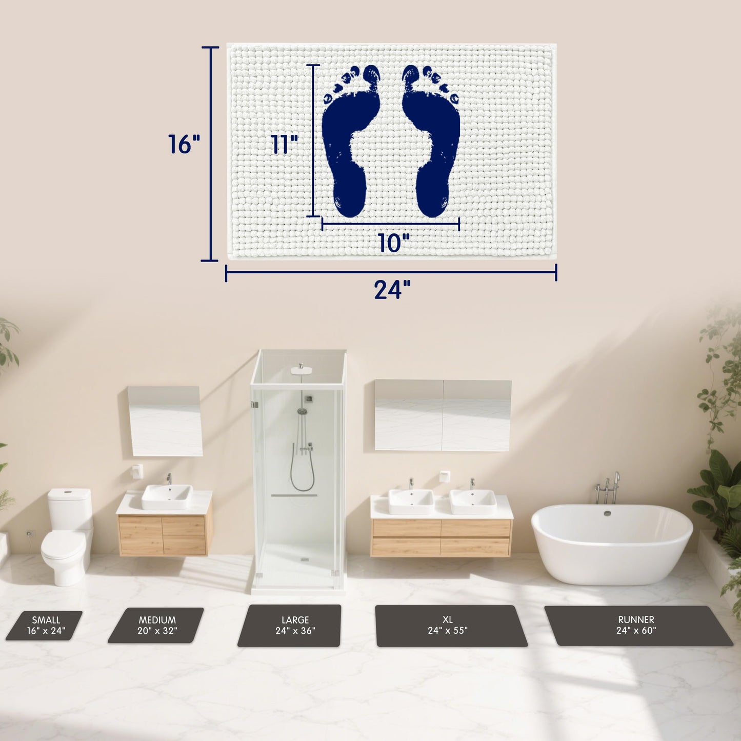 SUBRTEX Bathroom Rugs Chenille Bath Rug Soft Short Plush Bath Mat Soft Shower Mat Water Absorbent Shower Mat Quick Dry Machine Washable(White,16" x 24")