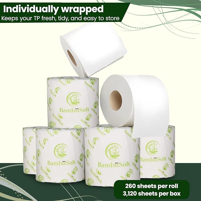 Unbleached Bamboo Toilet Paper, 12 Large Rolls – 3 Ply Ultra Soft, Strong & Septic Safe, Eco Friendly Biodegradable Bathroom Tissue