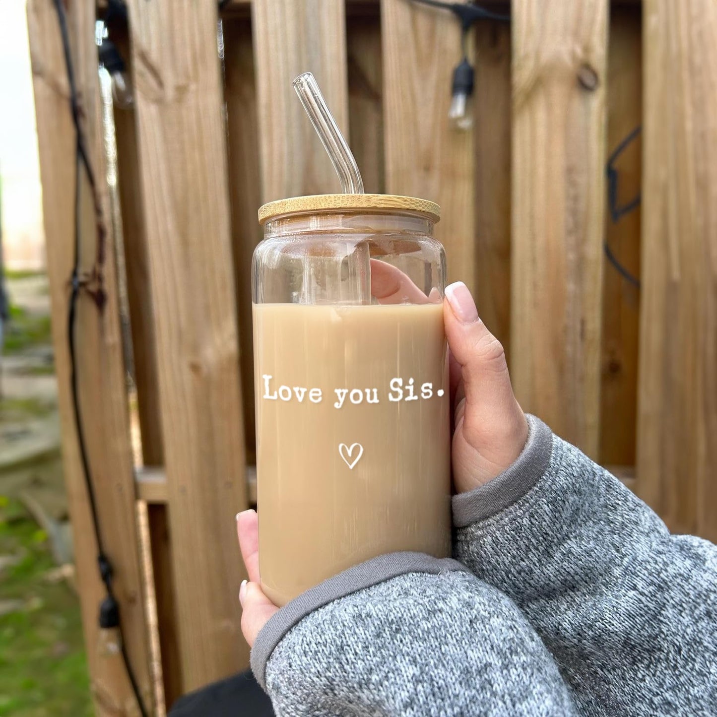 Mikopei Sister Gifts from Sister - Love You Sis Glass Cups with Lids and Straws, Best Big Soul Sisters Birthday Gifts for Women,Cute Iced Coffee Cup, 16 oz