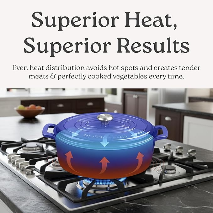Signature Enameled Cast Iron Oval Dutch Oven | Non-Stick Serving Pot with Tight Fitting Lid for Perfect Roasting, Baking, Sauteing, and Bread Making | 8Q [Ocean Blue]