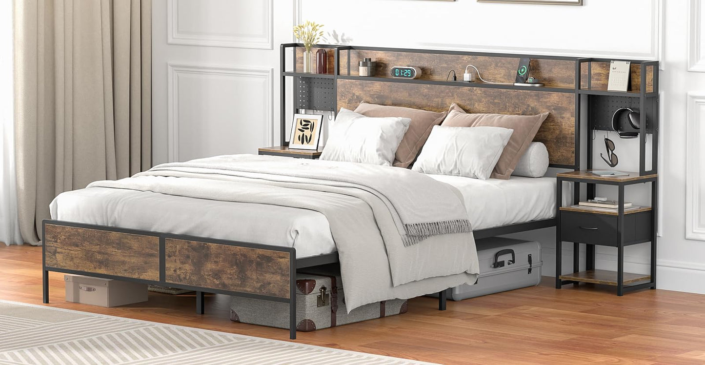 Queen Bed Frame with Set of 2 Bedside Tables with Canvas Drawers and Storage Headboard, Metal Platform Bed Frame with LED Light, Charging Station, Sturdy Metal Slats, No Box Spring Needed, Noise Free